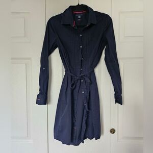 Navy Button-Front Shirt Dress with Tie Waist